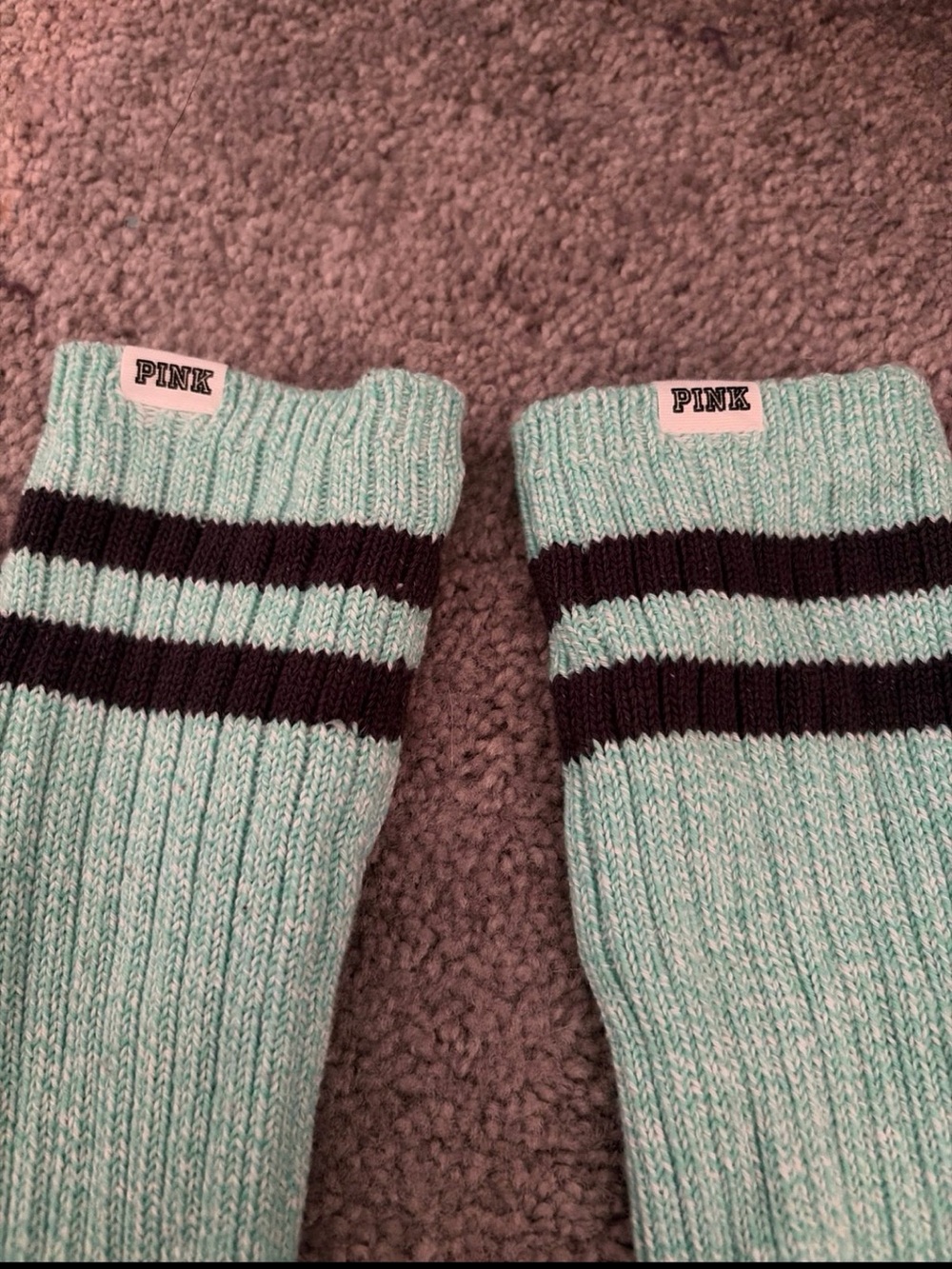 PINK Victoria's Secret Mint Green Knee-High Athletic Socks with Black Stripes - Picture 2 of 2